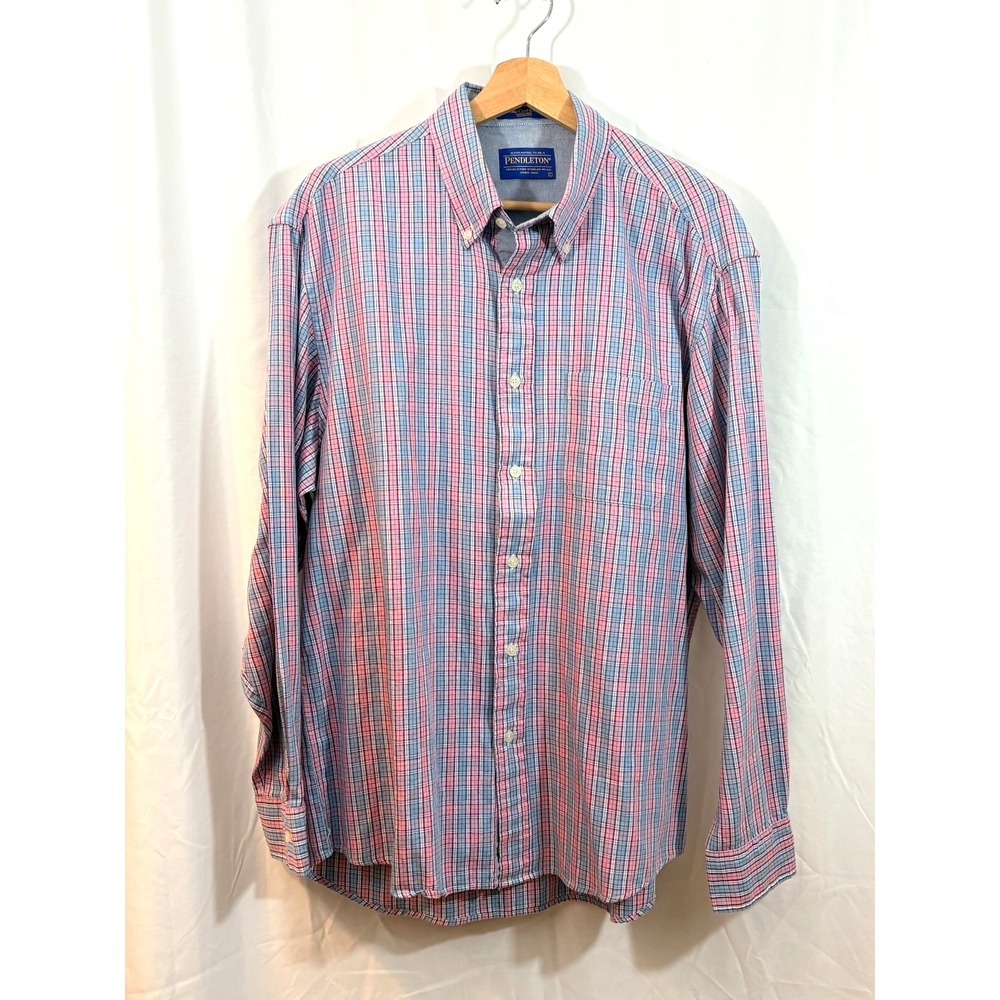 Pendleton Oxford Long‎ Sleeve Button Down Shirt- 100% Cotton-Pink/Blue Size: L